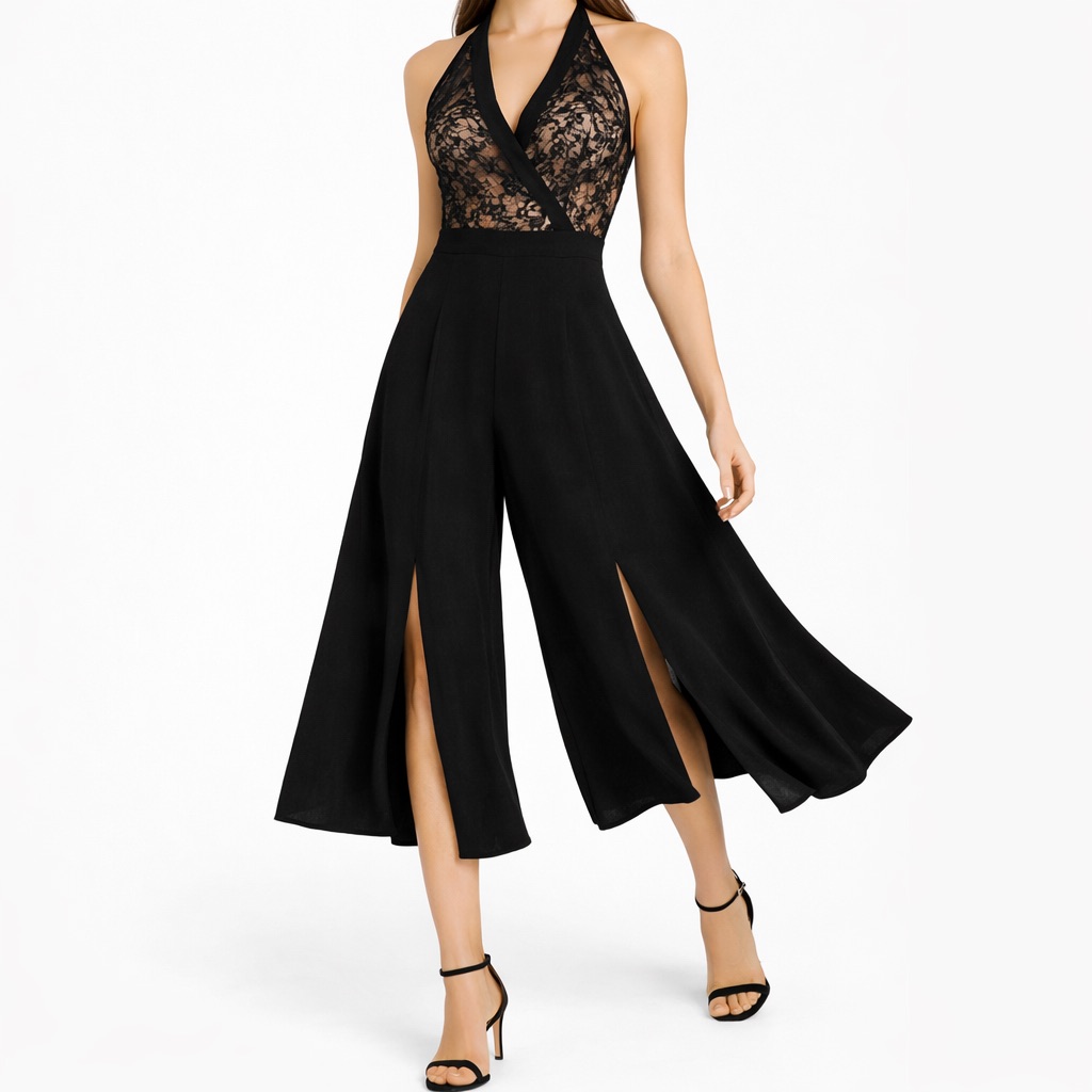 Bcbgmaxazria Lace Halter Culotte Jumpsuit Open Back Palazzo Evening